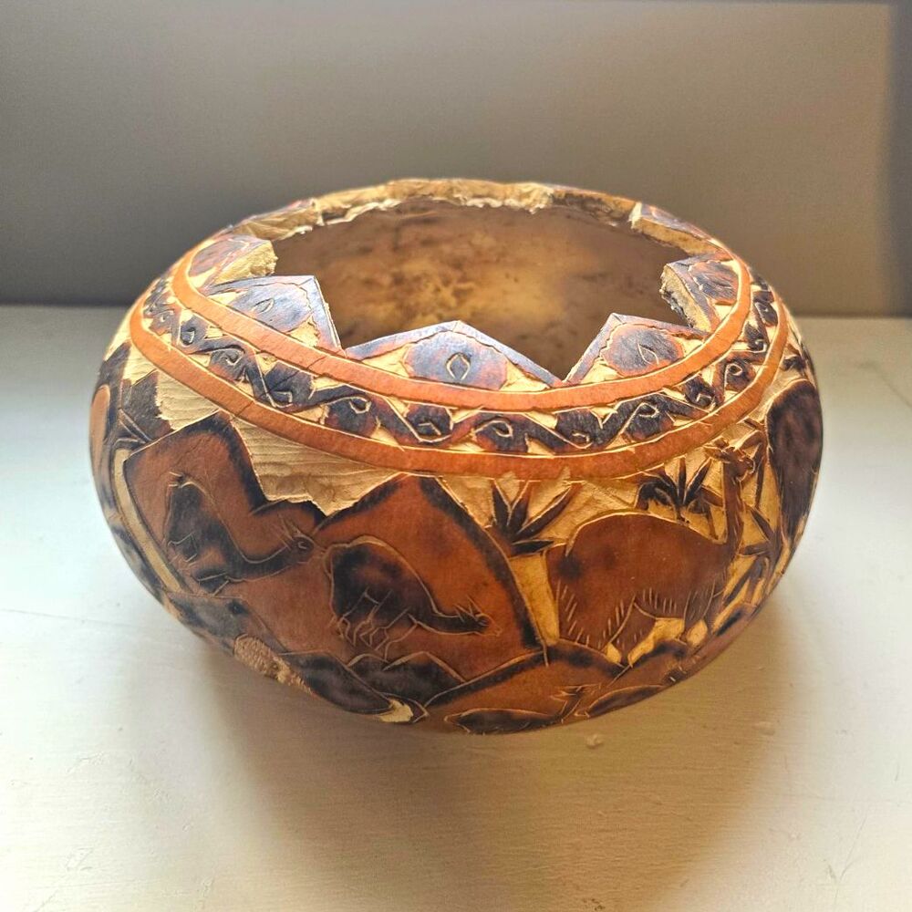 Hand-Carved Brown Decorative Gourd Bowl, Etched Animal & Village Scenes